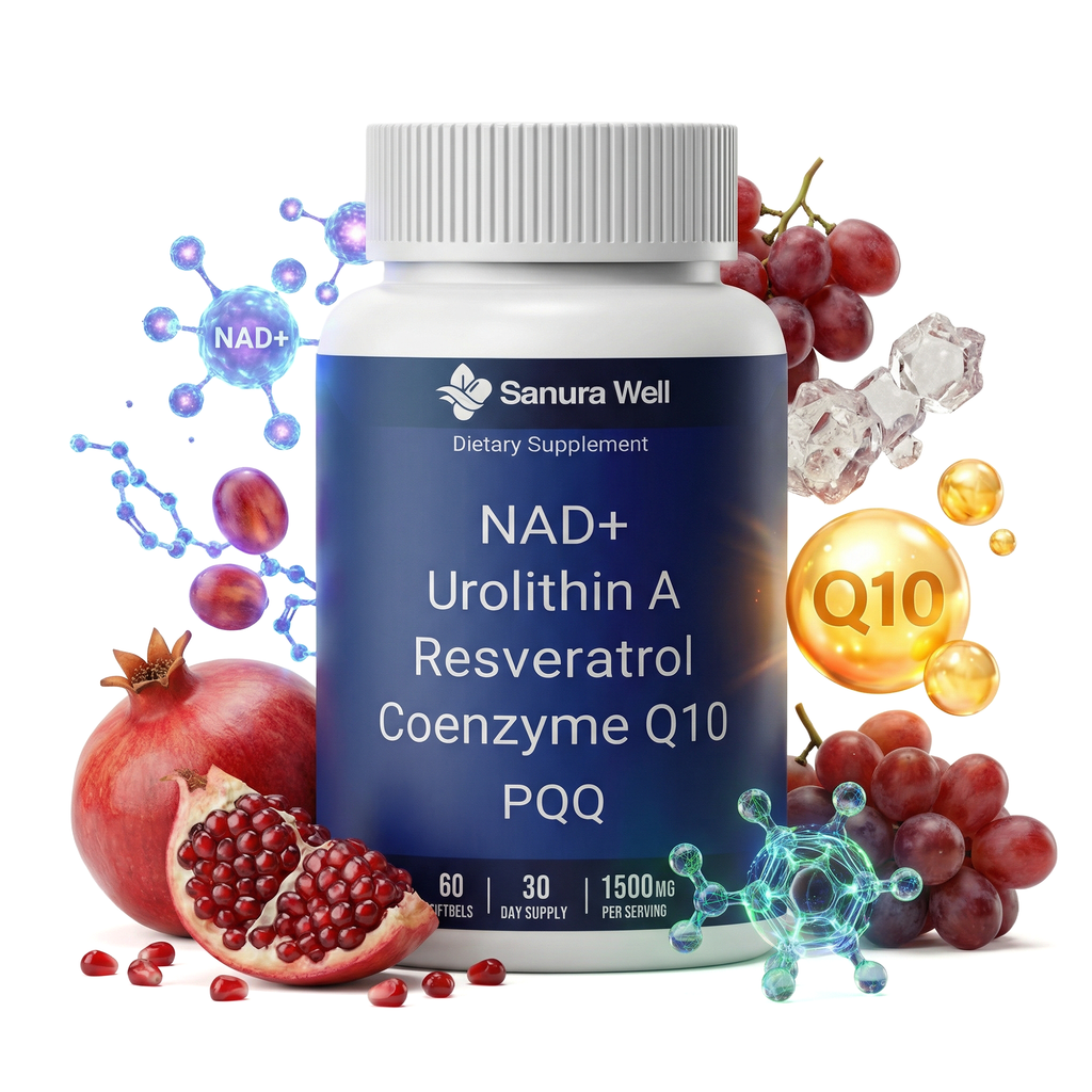 SANURA WELL NAD+ Complex with Urolithin A, Resveratrol, Coenzyme Q10 & PQQ – Cellular Energy & Mitochondrial Support Formula – 1500 mg per Serving – 60 Softgels (30-Day Supply)