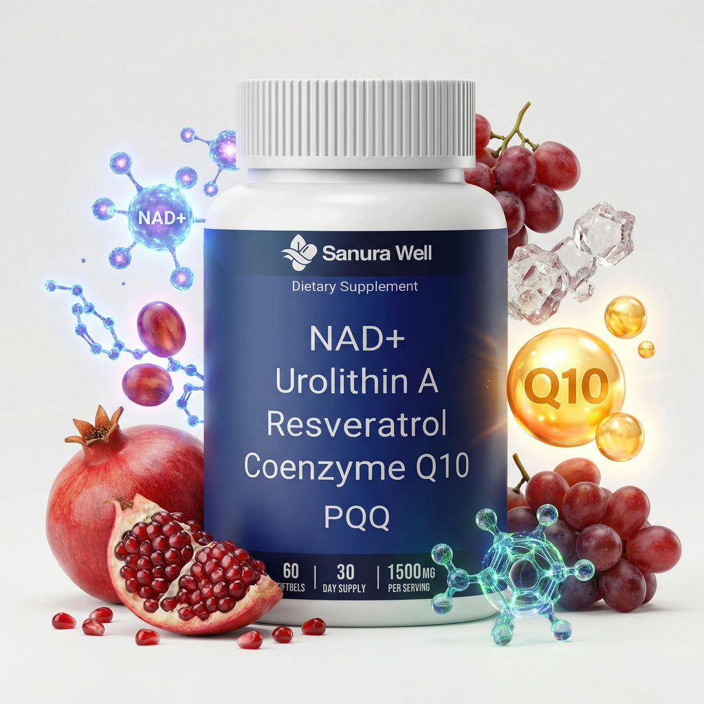 SANURA WELL NAD+ Complex with Urolithin A, Resveratrol, Coenzyme Q10 & PQQ – Cellular Energy & Mitochondrial Support Formula – 1500 mg per Serving – 60 Softgels (30-Day Supply)